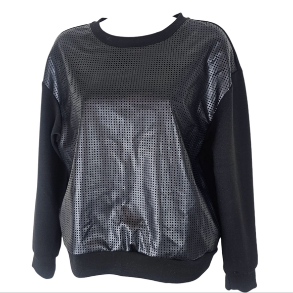 Elie Tahari Faux Leather Sweatshirt Black Size M Perforated Front Panel Pullover - Picture 1 of 9